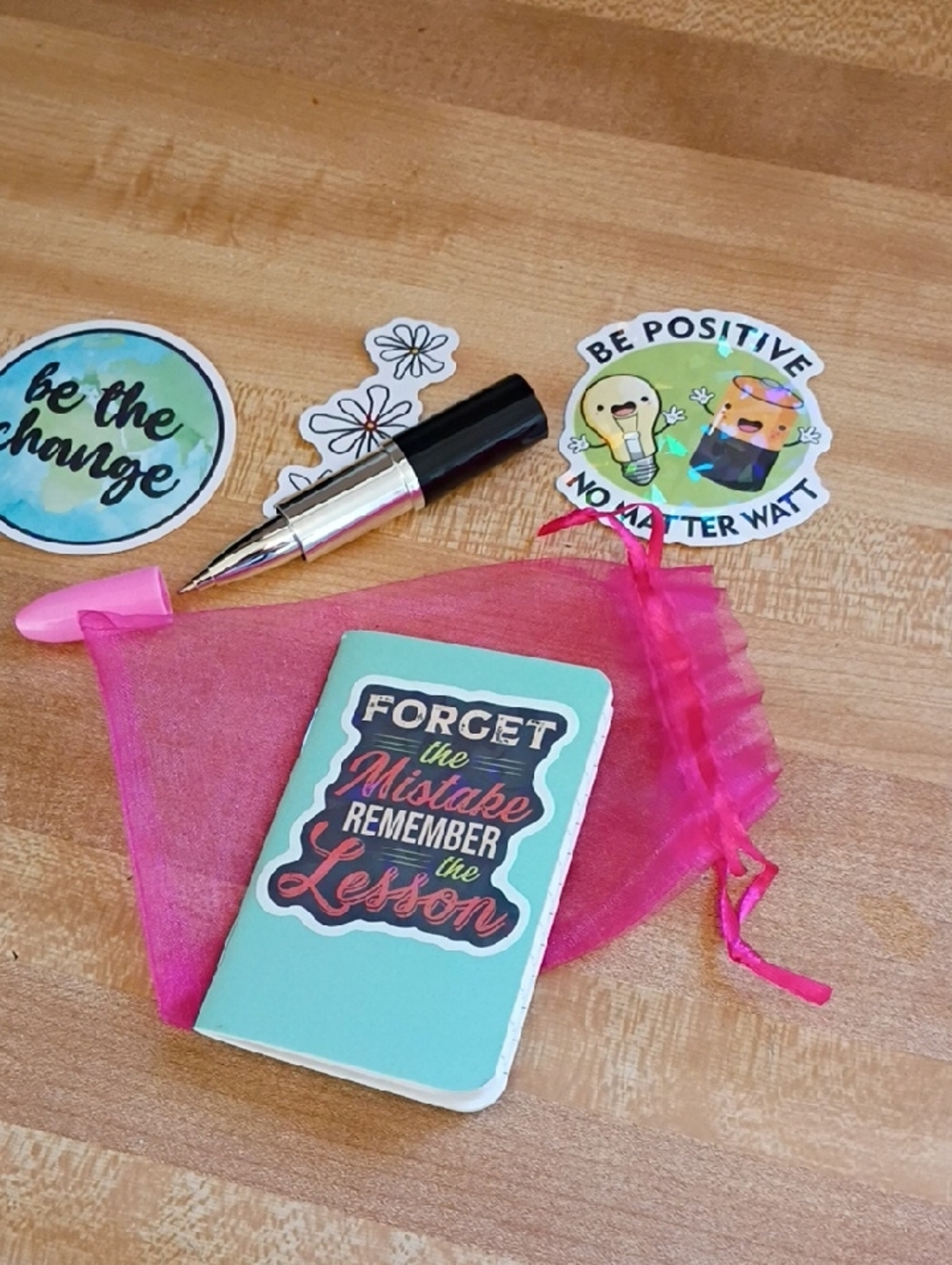 Aqua Teal Pocket Notebook with Pink Organza Pouch and Sticker Accents